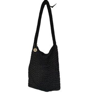 Vintage The Sak Shoulder Handbag Hand Crochet Bag Zip Closure Black Hobo Purse